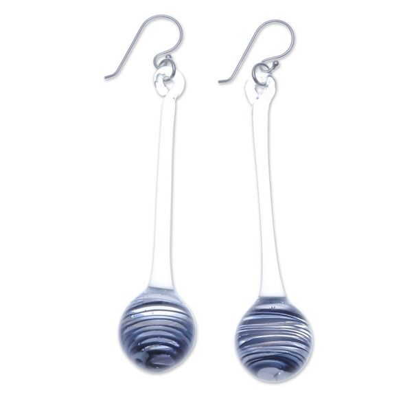 Alternate image for Handblown Abstract Clear and Black Glass Dangle Earrings Shadow Pendulum