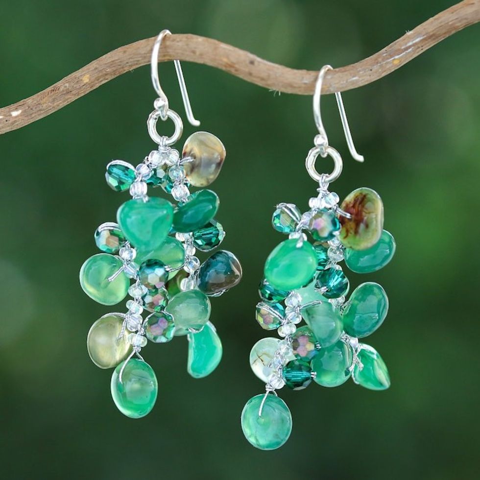Green-Toned Chalcedony and Glass Beaded Waterfall Earrings 'Thoughtful Jewels'