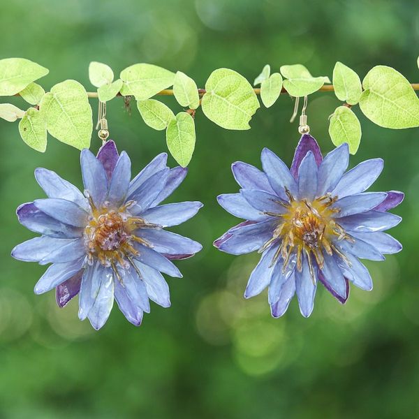 Alternate image for Gold-Accented Resin-Coated Purple Water Lily Dangle Earrings Chic Purple Water Lily