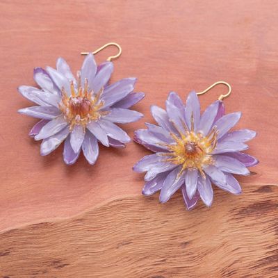Alternate image for Gold-Accented Resin-Coated Purple Water Lily Dangle Earrings Chic Purple Water Lily