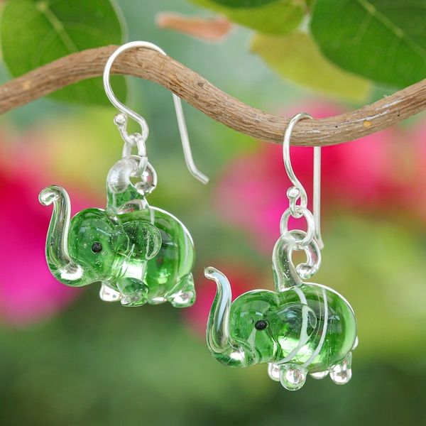 Alternate image for Handblown Striped Green Glass Elephant Dangle Earrings Elephant Vitality