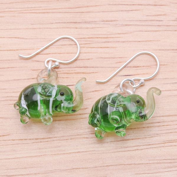 Alternate image for Handblown Striped Green Glass Elephant Dangle Earrings Elephant Vitality