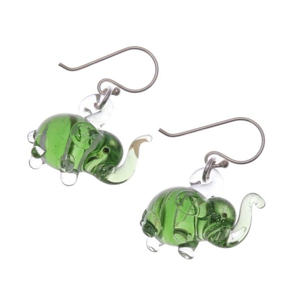 Alternate image for Handblown Striped Green Glass Elephant Dangle Earrings Elephant Vitality