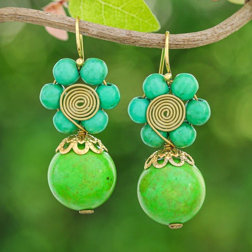 Green Magnesite Floral Dangle Earrings with Brass Spirals 'Green Bloom'