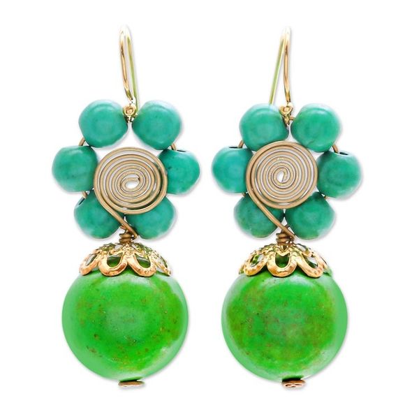 Alternate image for Green Magnesite Floral Dangle Earrings with Brass Spirals Green Bloom