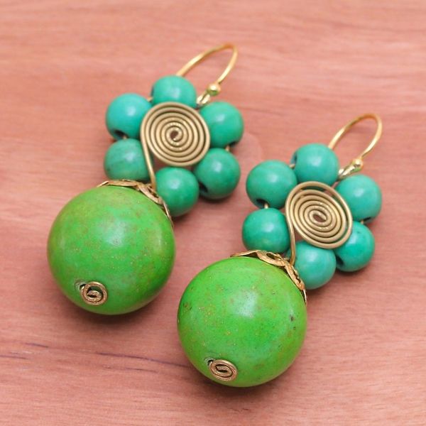 Alternate image for Green Magnesite Floral Dangle Earrings with Brass Spirals Green Bloom