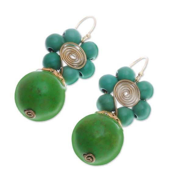 Alternate image for Green Magnesite Floral Dangle Earrings with Brass Spirals Green Bloom