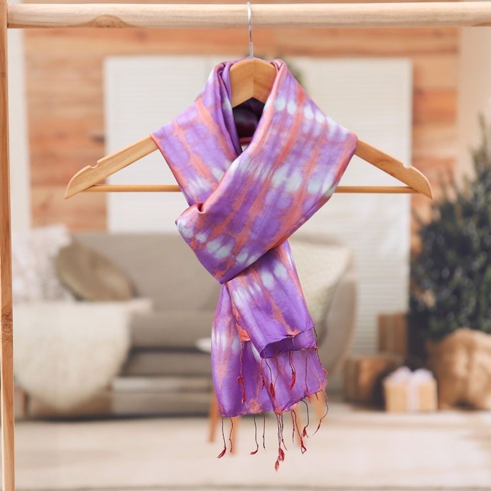 Artisan-Made Rayon and Silk Blend Fringed Scarf in Purple 'Purple Striped'