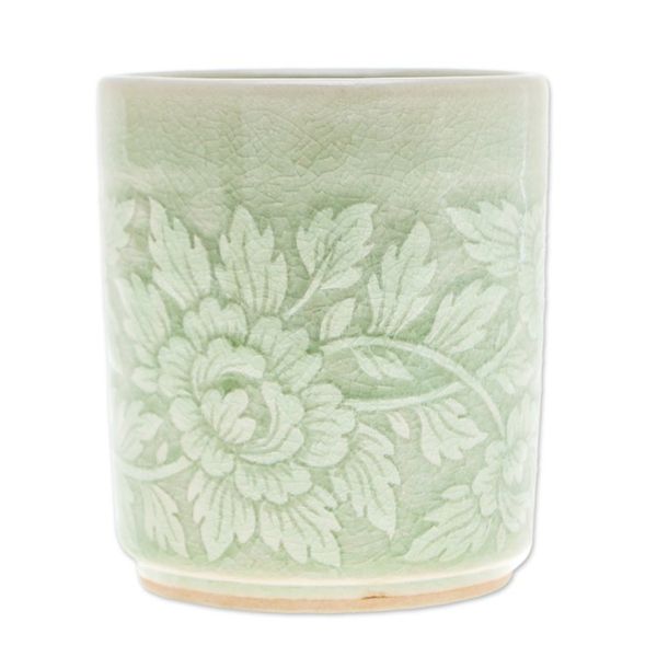 Alternate image for Leafy and Floral Green Ceramic Teacup with Crackled Finish Wealthy Peony