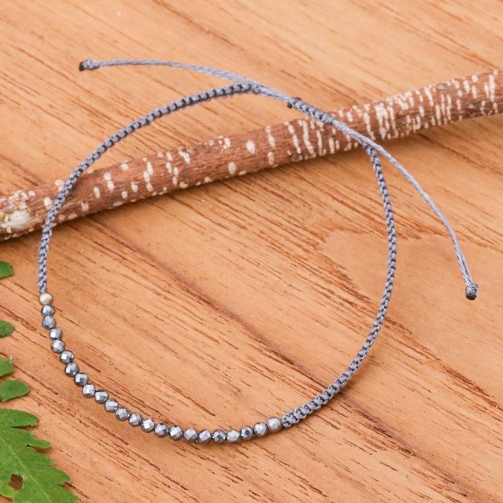 Adjustable Hematite Pendant Bracelet with Grey Macrame Cord 'Luxurious Delicacy'