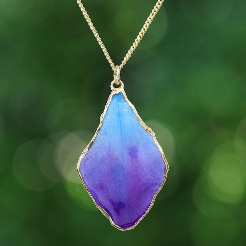 Blue and Purple Orchid 22k Gold-Accented Pendant Necklace 'Oneiric Petal'
