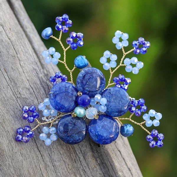 Alternate image for Flower-Shaped Dark Blue Cultured Pearl and Quartz Brooch Pin Petals of Imagination