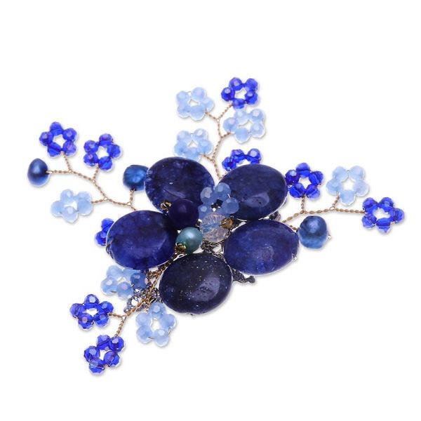 Alternate image for Flower-Shaped Dark Blue Cultured Pearl and Quartz Brooch Pin Petals of Imagination