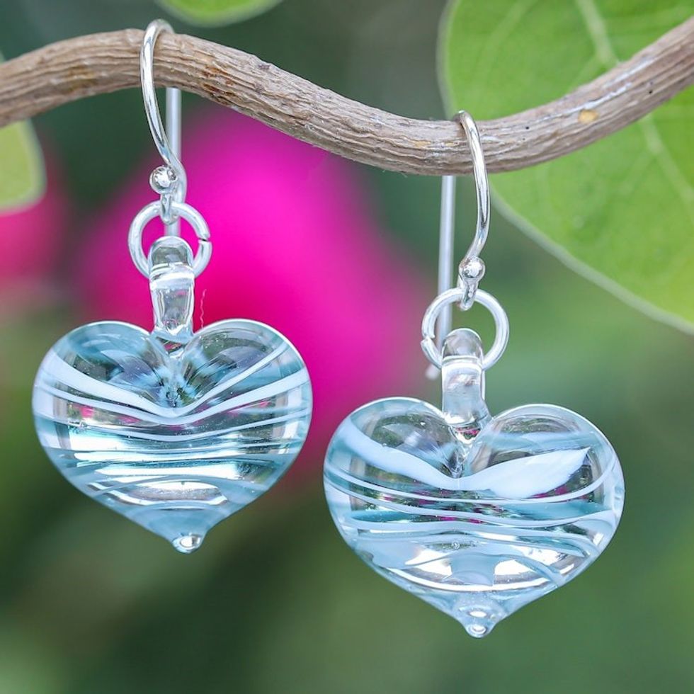 Handblown Glass Heart Dangle Earrings in Green and White 'Loving Green'