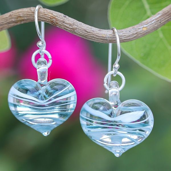 Alternate image for Handblown Glass Heart Dangle Earrings in Green and White Loving Green