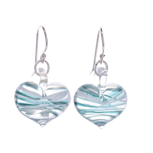 Alternate image for Handblown Glass Heart Dangle Earrings in Green and White Loving Green