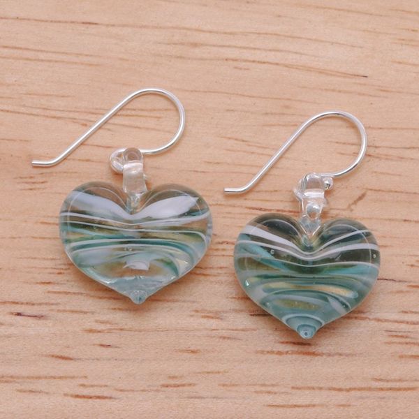 Alternate image for Handblown Glass Heart Dangle Earrings in Green and White Loving Green