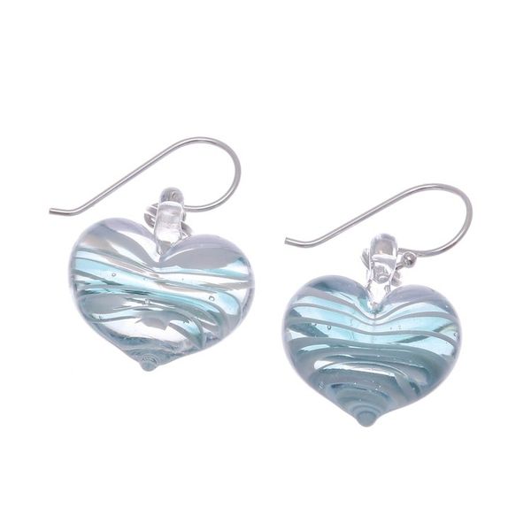 Alternate image for Handblown Glass Heart Dangle Earrings in Green and White Loving Green