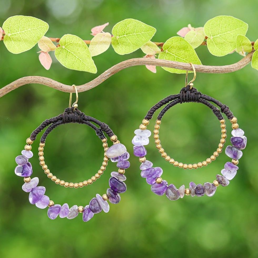 Polished Brass and Amethyst Beaded Dangle Earrings 'Wise Goddess'