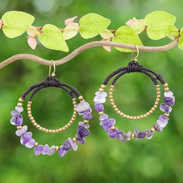 Alternate image for Polished Brass and Amethyst Beaded Dangle Earrings Wise Goddess
