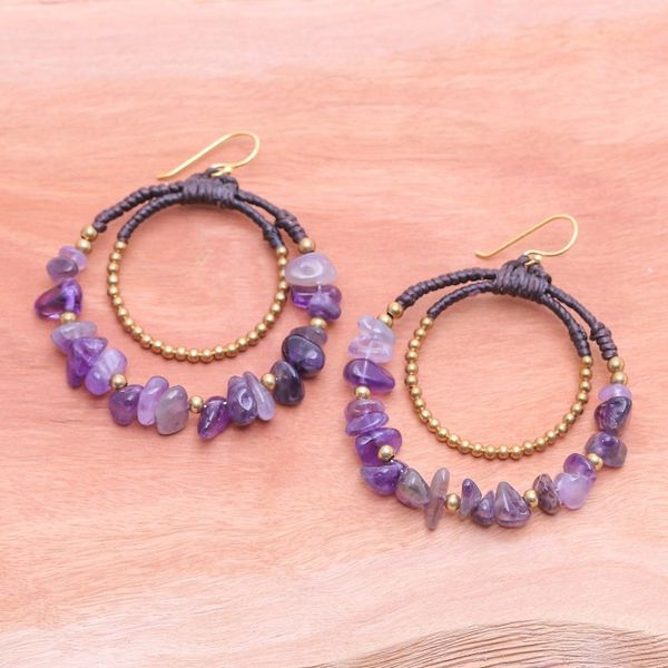 Alternate image for Polished Brass and Amethyst Beaded Dangle Earrings Wise Goddess