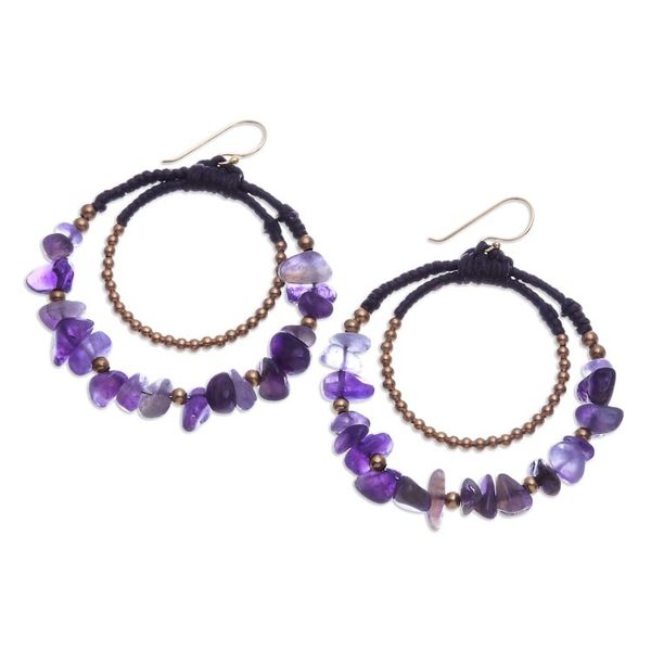 Alternate image for Polished Brass and Amethyst Beaded Dangle Earrings Wise Goddess