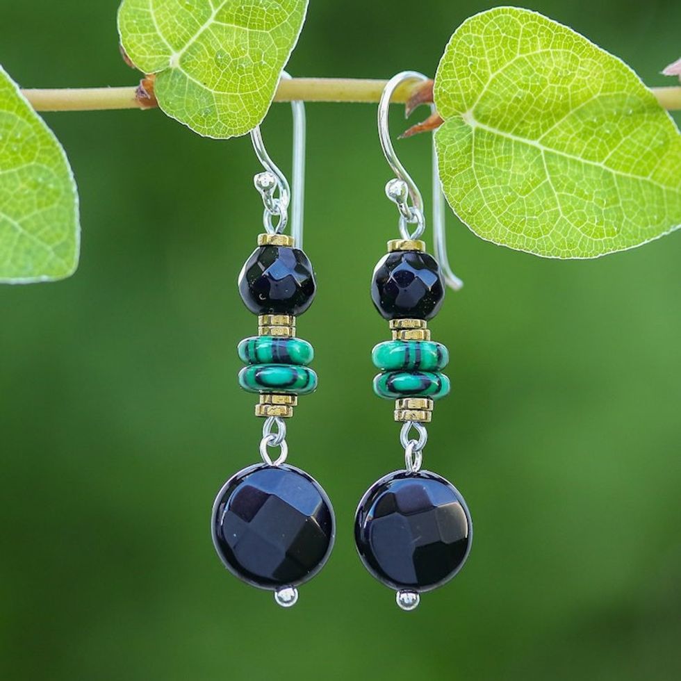 Multi-Gemstone Beaded Dangle Earrings in Green and Black 'Desired Heaven'