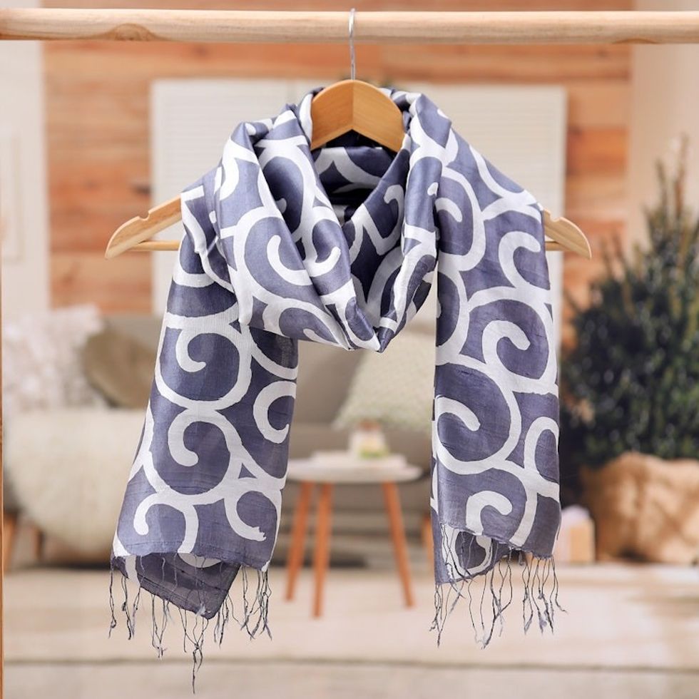 Batik-Dyed Spiral-Patterned Grey and White 100 Silk Scarf 'Grey Thai Maze'