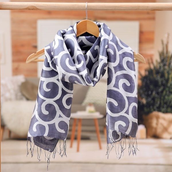 Alternate image for Batik-Dyed Spiral-Patterned Grey and White 100 Silk Scarf Grey Thai Maze