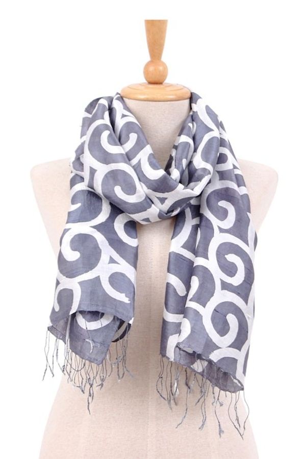 Alternate image for Batik-Dyed Spiral-Patterned Grey and White 100 Silk Scarf Grey Thai Maze