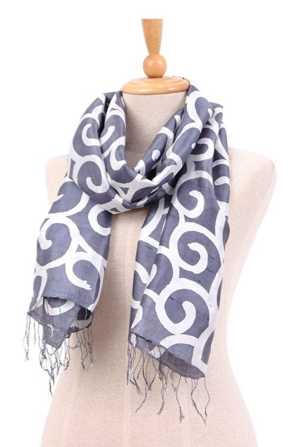Alternate image for Batik-Dyed Spiral-Patterned Grey and White 100 Silk Scarf Grey Thai Maze