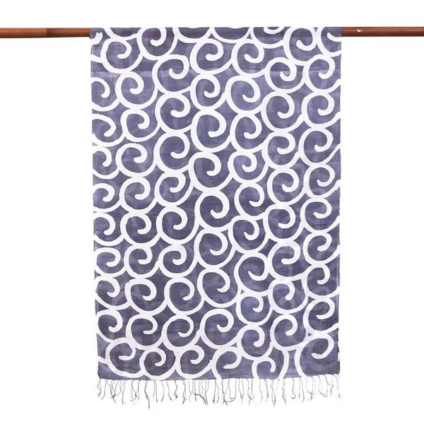 Alternate image for Batik-Dyed Spiral-Patterned Grey and White 100 Silk Scarf Grey Thai Maze