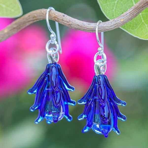 Alternate image for Tree-Inspired Handblown Glass Dangle Earrings in Royal Blue Royal Blue Tree