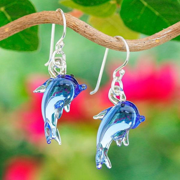 Alternate image for Handblown Dolphin-Shaped Glass Dangle Earrings in Blue Dolphin Magic