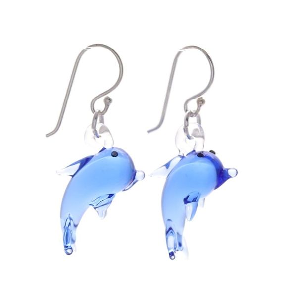 Alternate image for Handblown Dolphin-Shaped Glass Dangle Earrings in Blue Dolphin Magic