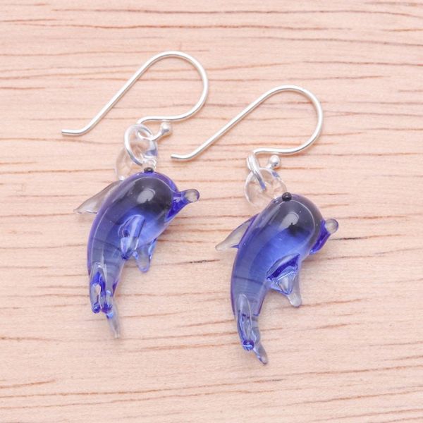 Alternate image for Handblown Dolphin-Shaped Glass Dangle Earrings in Blue Dolphin Magic