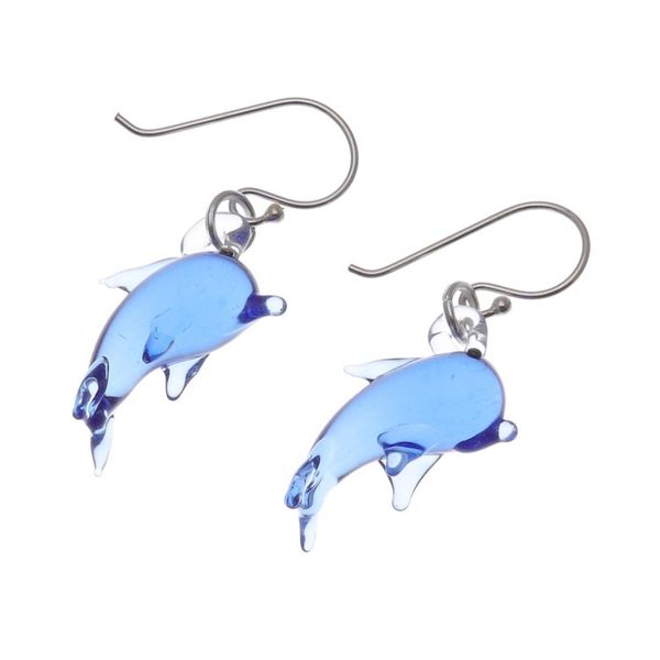 Alternate image for Handblown Dolphin-Shaped Glass Dangle Earrings in Blue Dolphin Magic