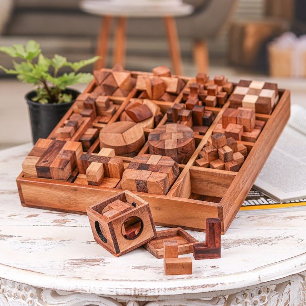 Set of 16 Wood Logic Puzzles with Box Crafted in Thailand 'Logical Challenges'