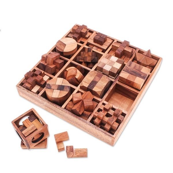 Alternate image for Set of 16 Wood Logic Puzzles with Box Crafted in Thailand Logical Challenges