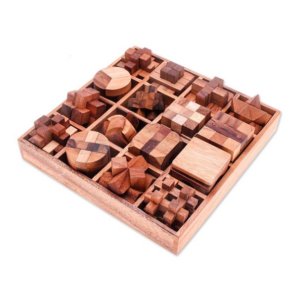 Alternate image for Set of 16 Wood Logic Puzzles with Box Crafted in Thailand Logical Challenges