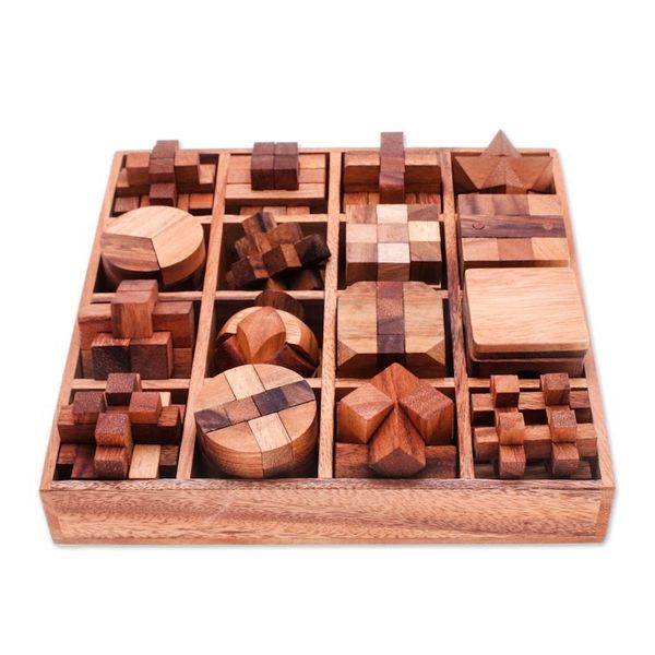 Alternate image for Set of 16 Wood Logic Puzzles with Box Crafted in Thailand Logical Challenges