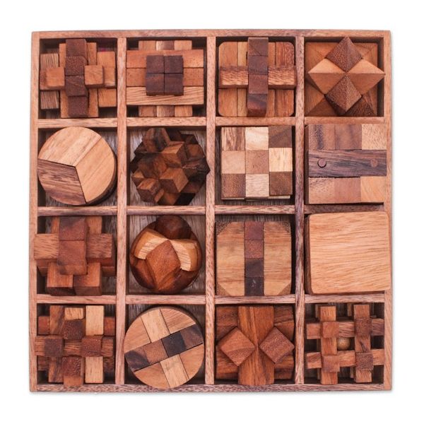 Alternate image for Set of 16 Wood Logic Puzzles with Box Crafted in Thailand Logical Challenges