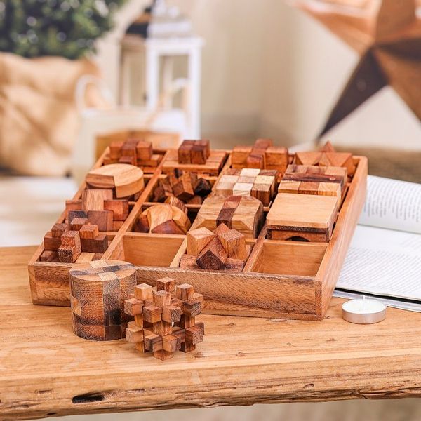 Alternate image for Set of 16 Wood Logic Puzzles with Box Crafted in Thailand Logical Challenges