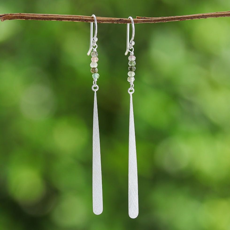 Brushed-Satin Finished Tourmaline Silver Dangle Earrings 'Minimalistic Drop'