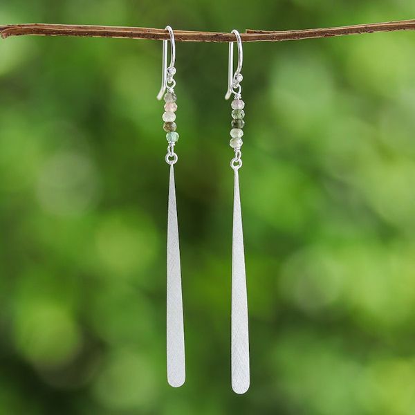 Alternate image for Brushed-Satin Finished Tourmaline Silver Dangle Earrings Minimalistic Drop