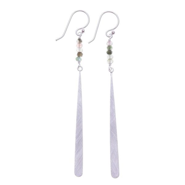 Alternate image for Brushed-Satin Finished Tourmaline Silver Dangle Earrings Minimalistic Drop