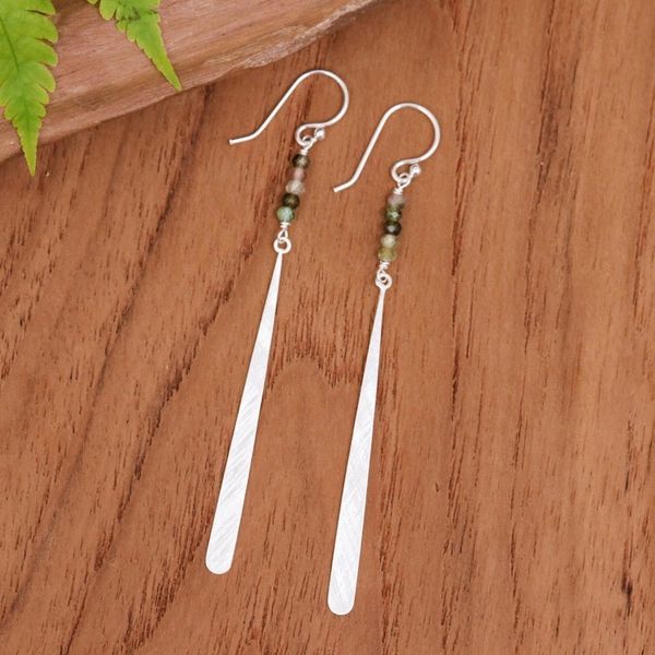 Alternate image for Brushed-Satin Finished Tourmaline Silver Dangle Earrings Minimalistic Drop