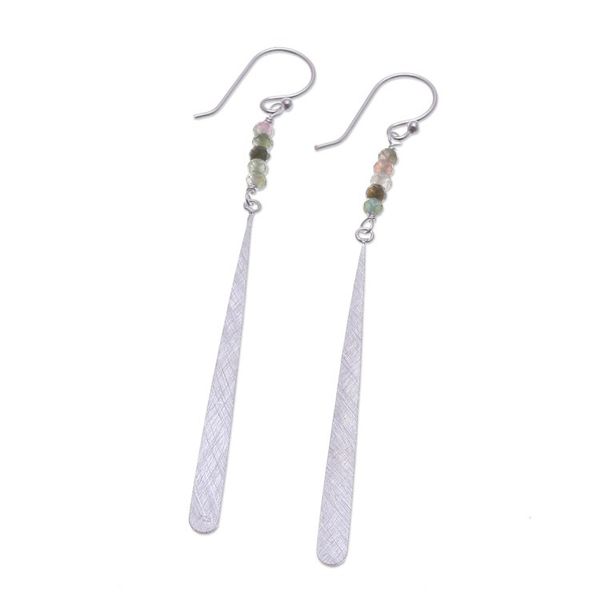 Alternate image for Brushed-Satin Finished Tourmaline Silver Dangle Earrings Minimalistic Drop