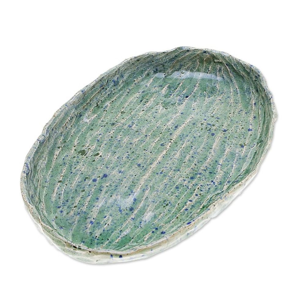 Ocean-Inspired Blue Oval Celadon Ceramic Appetizer Plate 'Waves of Elegance'