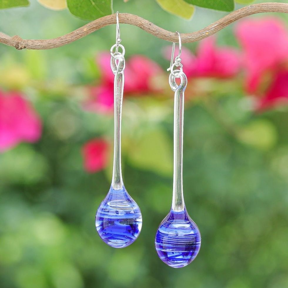 Handblown Abstract Clear and Blue Glass Dangle Earrings 'Blue Pendulum'